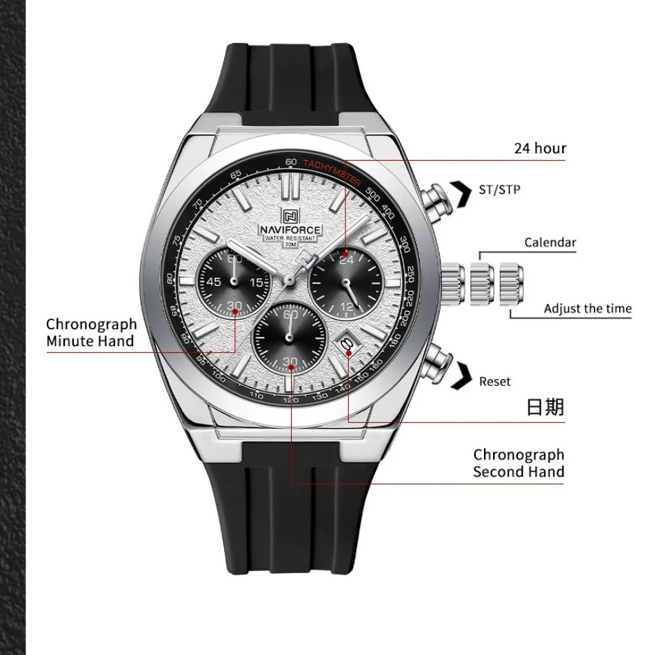 NAVIFORCE Brand Men's Fashion Luxury Quartz Wristwatches Sports 24 Hours and Date Display Waterproof Chronograph Clock Male Gift