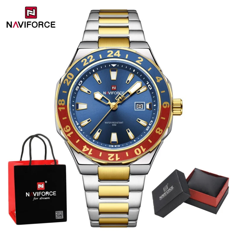 NAVIFORCE  Watches for Man Stainless Steel Waterproof Luxury Sports Quartz Clock Luminous Calendar Wristwatch Male Package Gifts