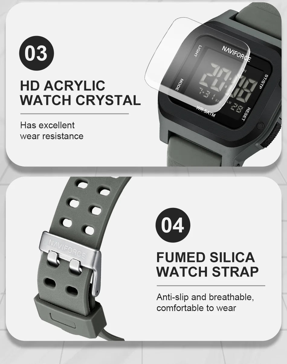 High Quality NAVIFORCE Men's Sport Wristwatch LCD Display 50m Waterproof Alarm Stopwatch BackLight Unique Square Case Gift Clock