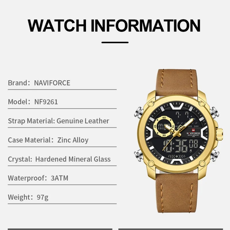 NAVIFORCE Mens Watch Original Simple Brand Quartz Watch Japan Movement Genuine Band Luminous Dual Display Watches For Men Gifts