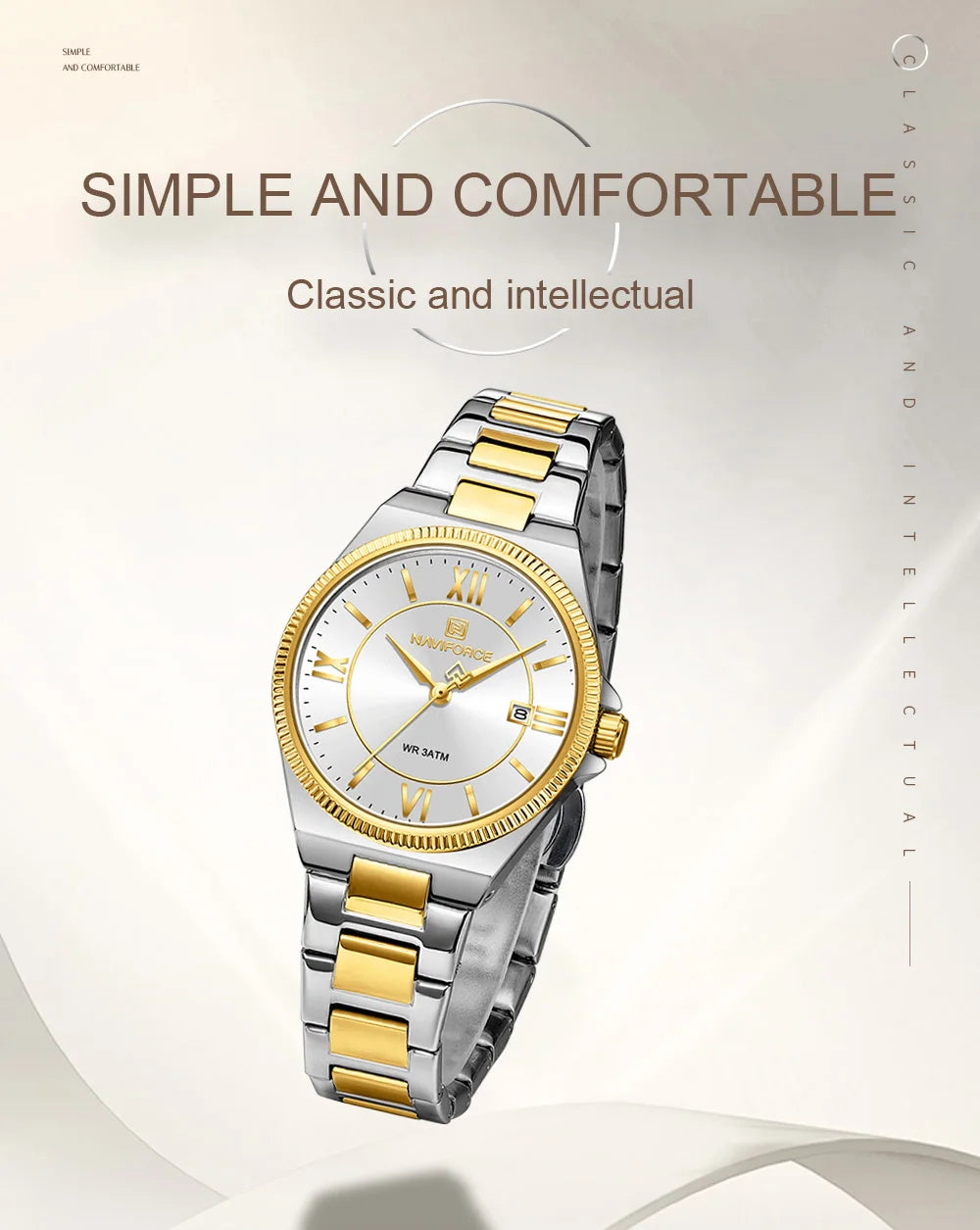 NAVIFORCE Women's Quartz Watch 3ATM Waterproof Date Display Stainless Steel Fashion for Daily Dress Lady Wristwatch Gifts Box