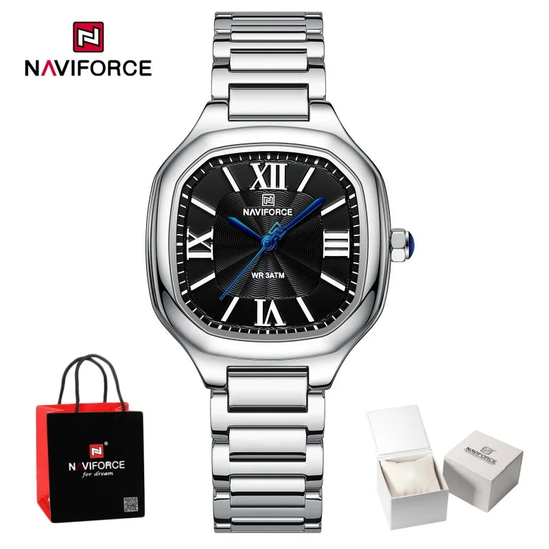 NAVIFORCE Women's Casual Fashion Quartz Watch Unique Design Waterproof Steel Strap Elegant Ladis Daily Wear Wristwatch Gift Box