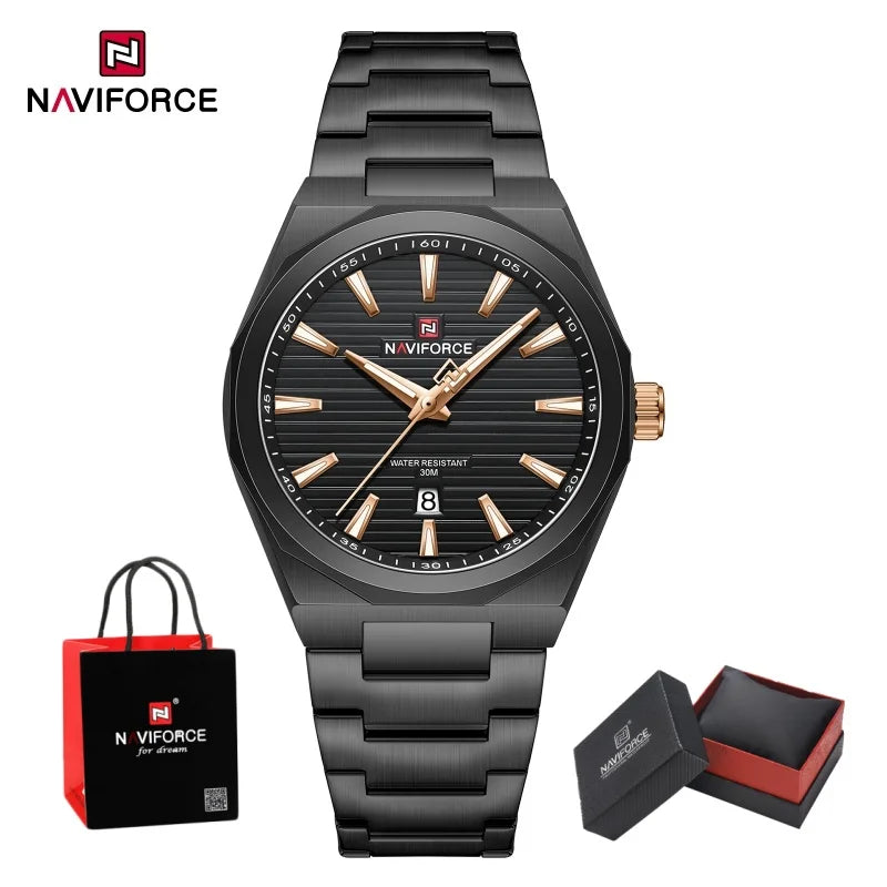 NAVIFORCE Luxury Man's Watch Quartz Date Display Clock Steel Band Fashionable Casual Military Style Wristwatch Gift Box for Male