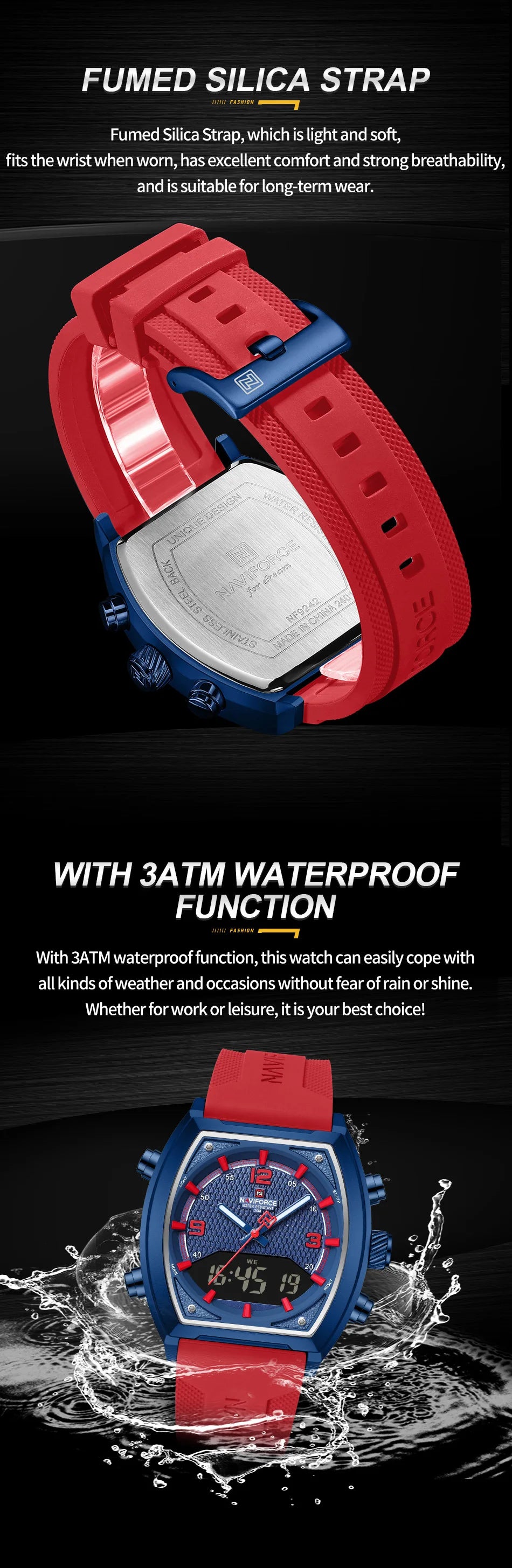 NAVIFORCE Fashionable Man's Quartz Watch Waterproof Dual Display Luminous Military Style Male Sports Wristwatch Gifts Box NF9242