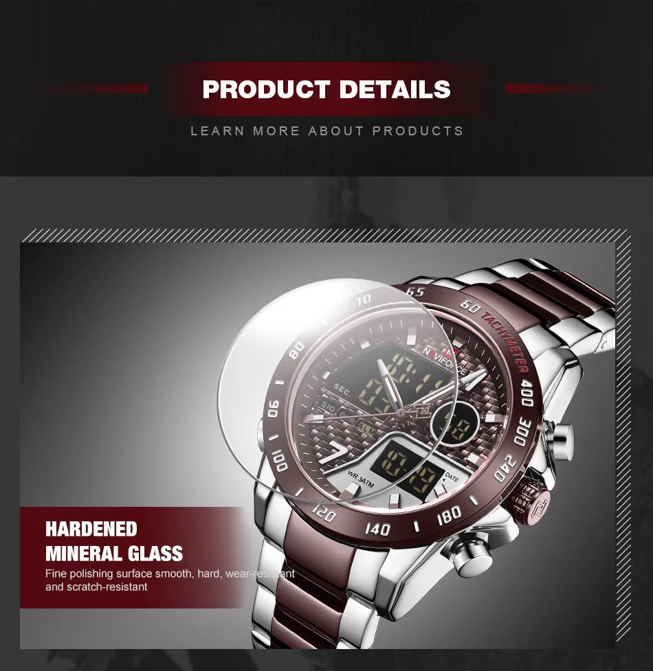 NAVIFORCE Men's Fashion Sports Watch Quartz Dual Display Luminous Waterproof Steel Band Clocks Male Outdoor Wristwatch Gifts Box
