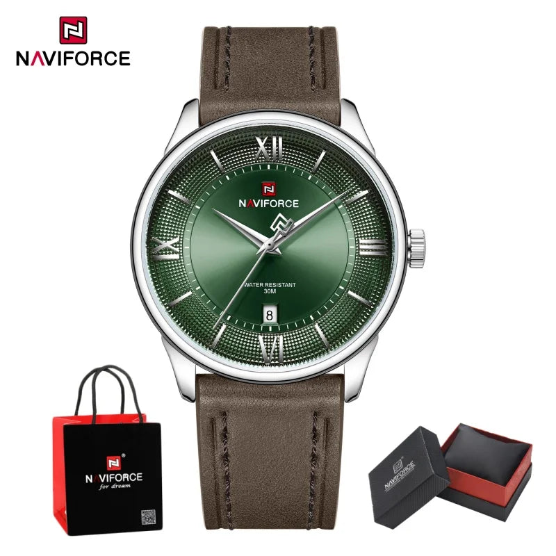 NAVIFORCE High Quality Men's Quartz Watch Date Display 3ATM Waterproof Leather Strap Male Fashionable Luxury Wristwatch Gift Box