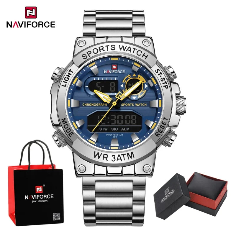 NAVIFORCE Men Watch Stopwatch Dual Time Display Men's Watch Fashion Sport Watch Stainless Steel Strap Waterproof  Package Gifts