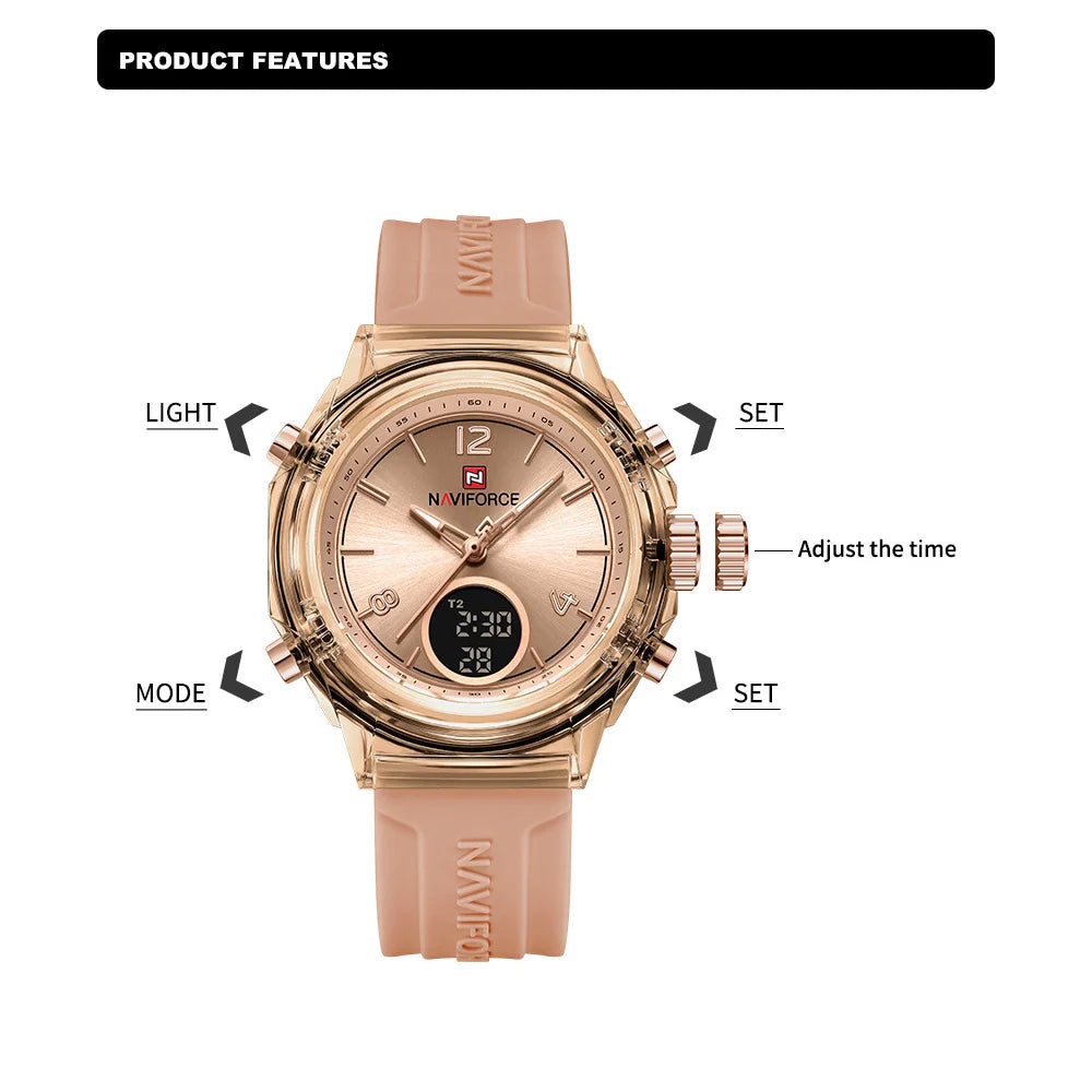 NAVIFORCE Sport Watches Women 50M Waterproof Lady Watch Lover Gifts Dual Time Display Wristwatch Digital LED Back Light Clock