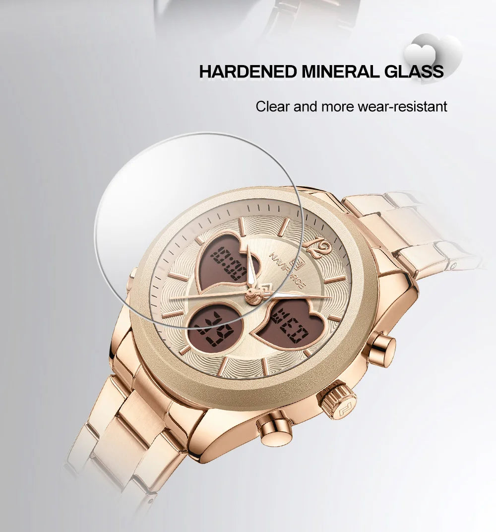 NAVIFORCE Women Watch Unique Design of Heart-Shaped Dial Quartz Analog LCD Digital Watches Fashion Casual Girlfriend Gifts Clock