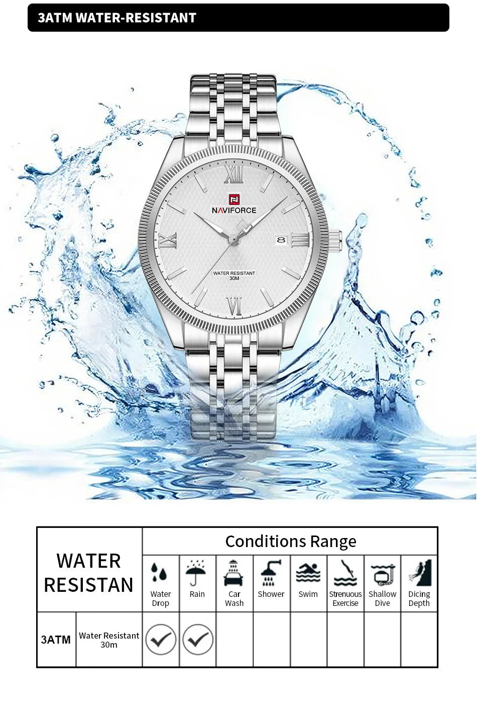 NAVIFORCE Lover Watch Quartz Calendar Display 30M Waterproof Steel Strap Fashion Luxury Couple Wristwatch for Men and Women Gift