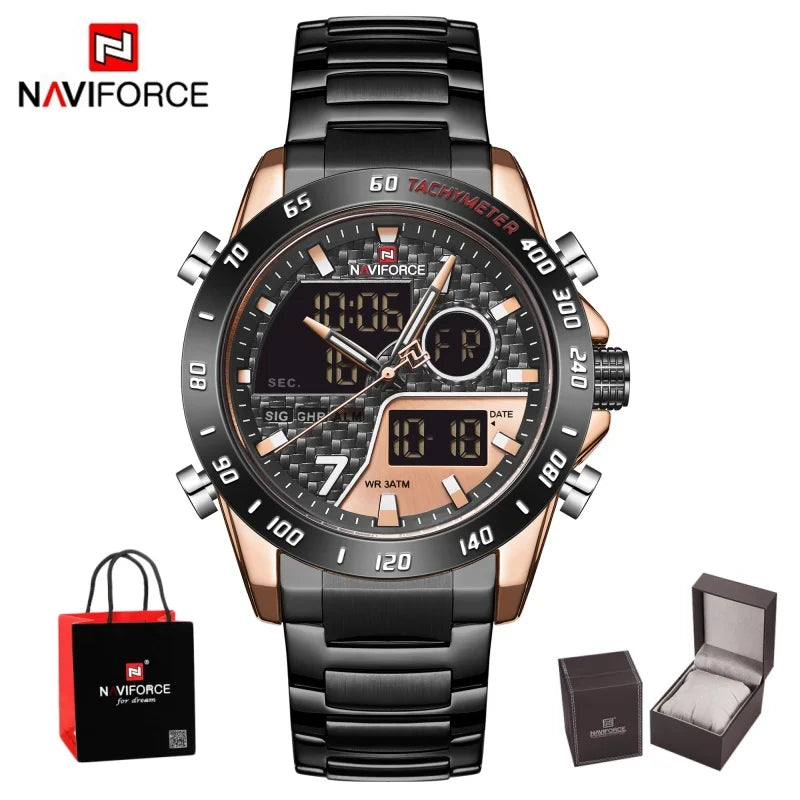 NAVIFORCE Men's Fashion Sports Watch Quartz Dual Display Luminous Waterproof Steel Band Clocks Male Outdoor Wristwatch Gifts Box