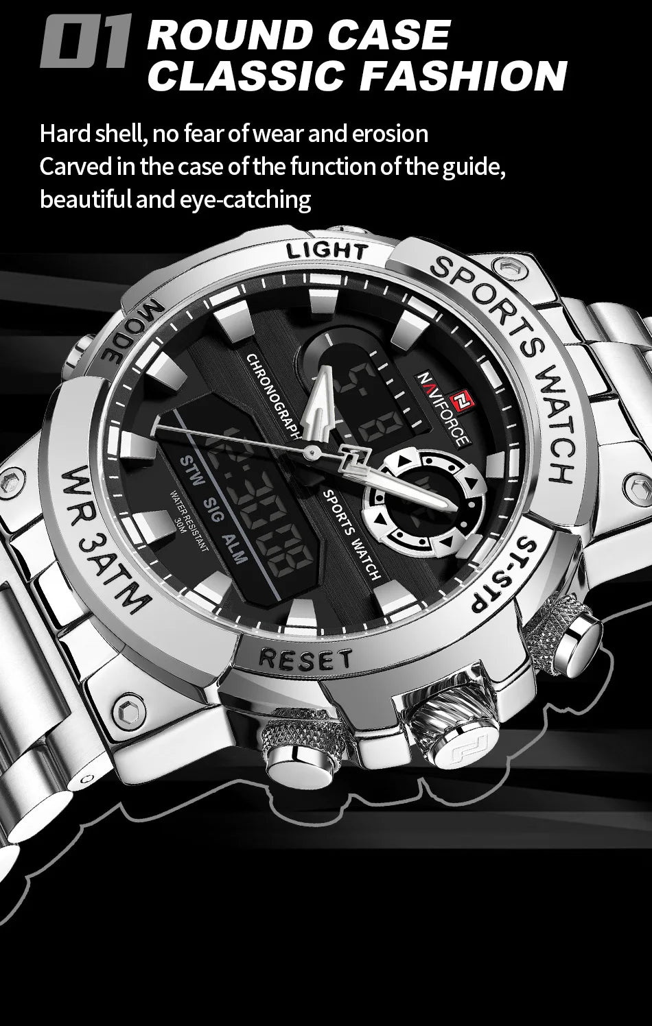 NAVIFORCE Men Watch Stopwatch Dual Time Display Men's Watch Fashion Sport Watch Stainless Steel Strap Waterproof  Package Gifts