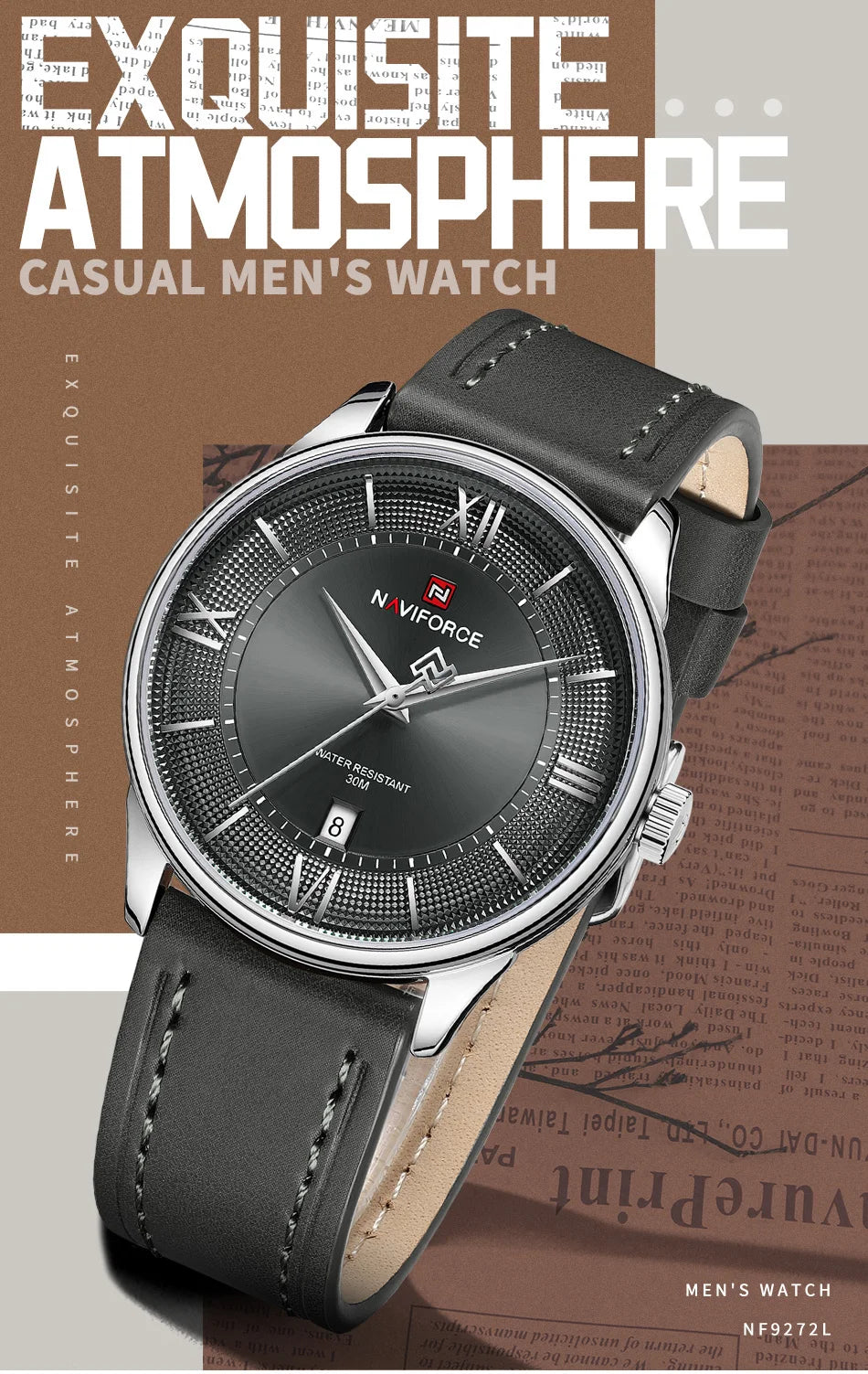 NAVIFORCE High Quality Men's Quartz Watch Date Display 3ATM Waterproof Leather Strap Male Fashionable Luxury Wristwatch Gift Box