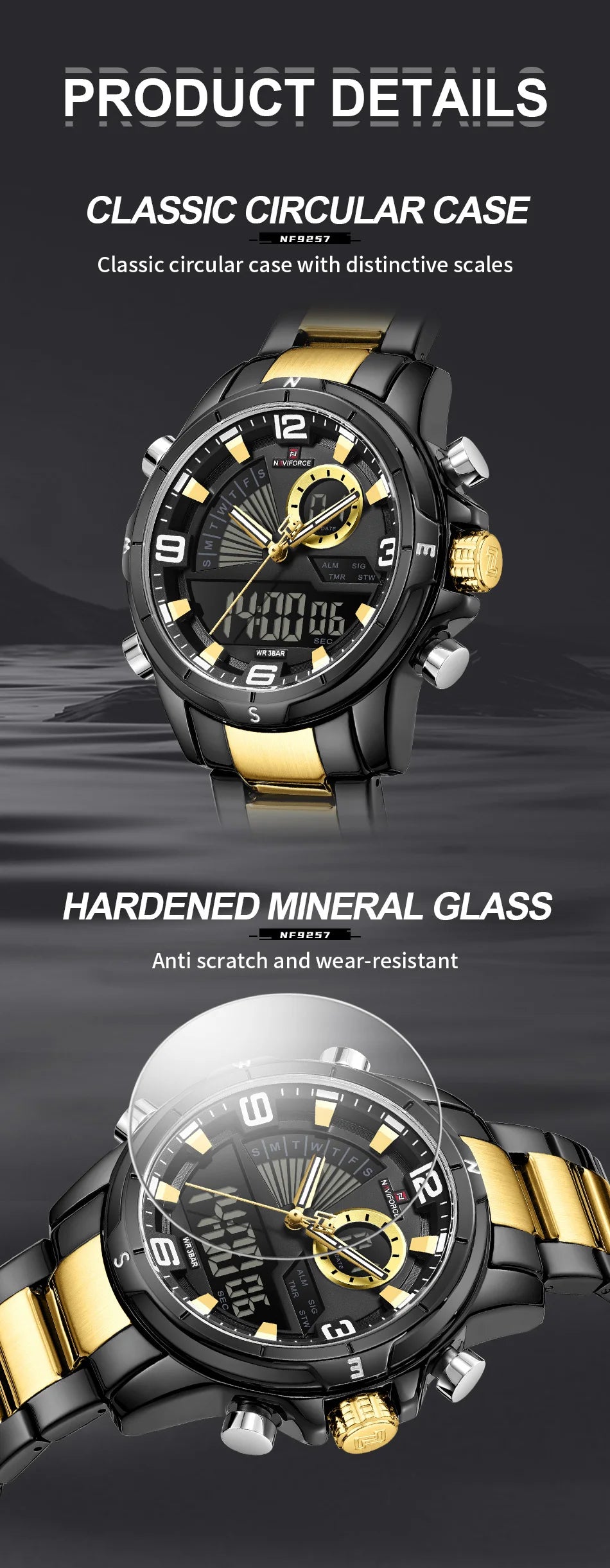 NAVIFORCE Luxury Man's Watch Quartz Chronograph Dual Display 3ATM Waterproof Military Style Sports Wristwatch Gift Box For Men