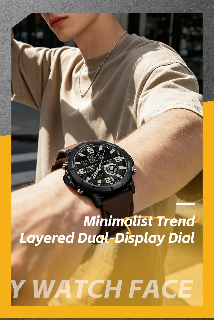 NAVIFORCE Men Dual Display Watch Alarm Clock 50M Waterproof Chronograph Stylish Novel Teenager Outdoor Sport Wristwatch Gift Box