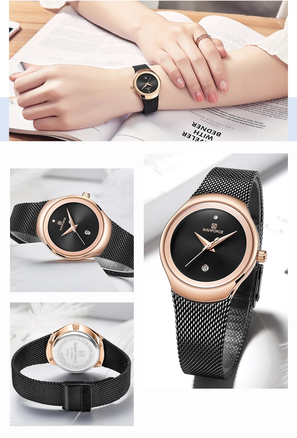 NAVIFORCE Women's Simple Quartz Watches 30M Waterproof Auto Date Steel Strap Female Casual Fashion Daily Use Wristwatch Gift Box