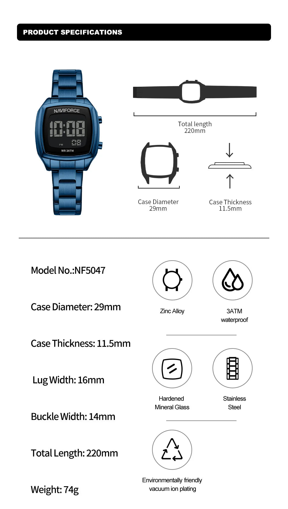 NAVIFORCE 2026 Watches for Women LCD Digital Waterproof Stainless Steel Strap Female Casual Fashion Daily Wear Wristwatch NF5047