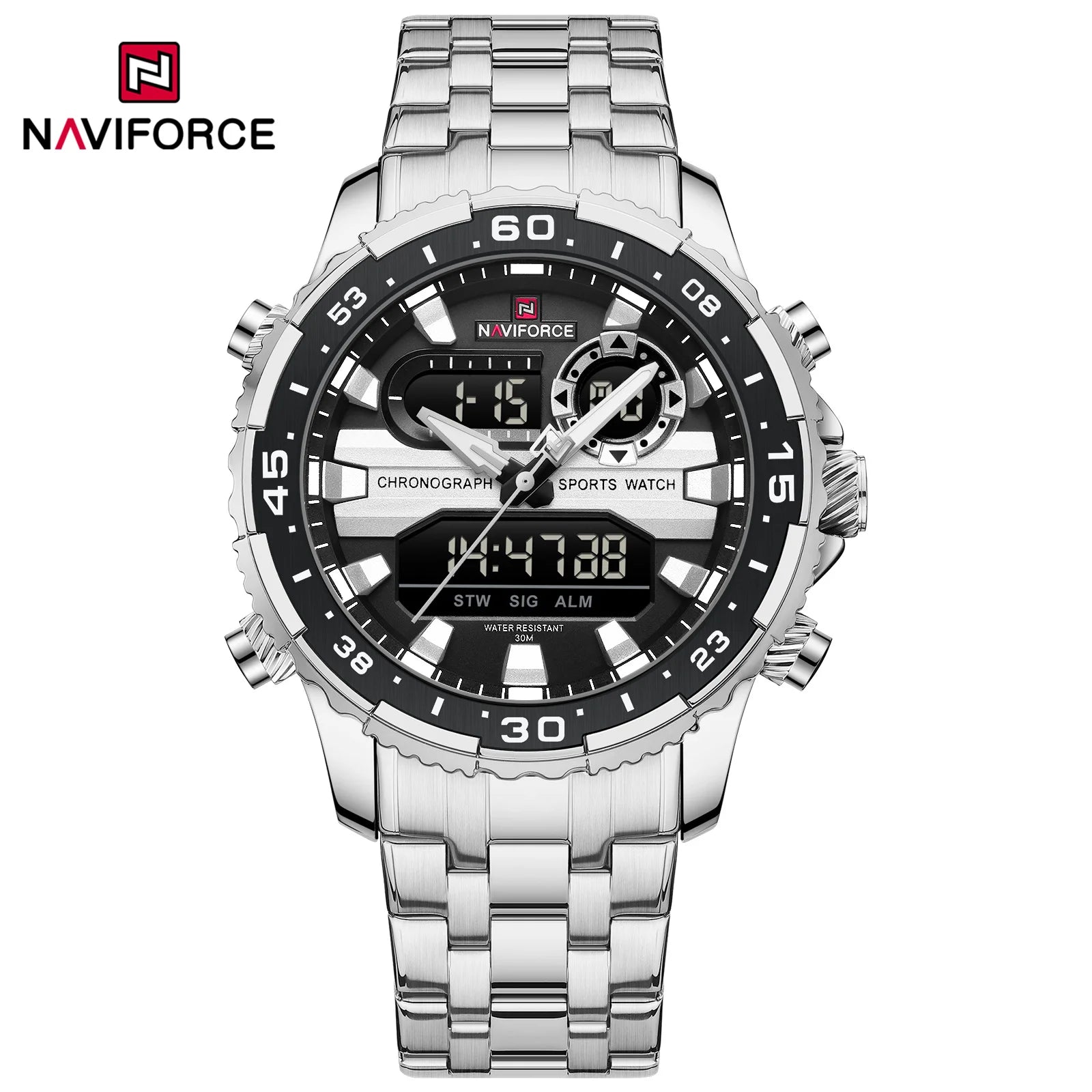 Gifts for Boyfriends NAVIFORCE Men's Silver Black Quartz Watch LCD Digital Waterproof  Wristwatch Male Luminous Hands Date Clock