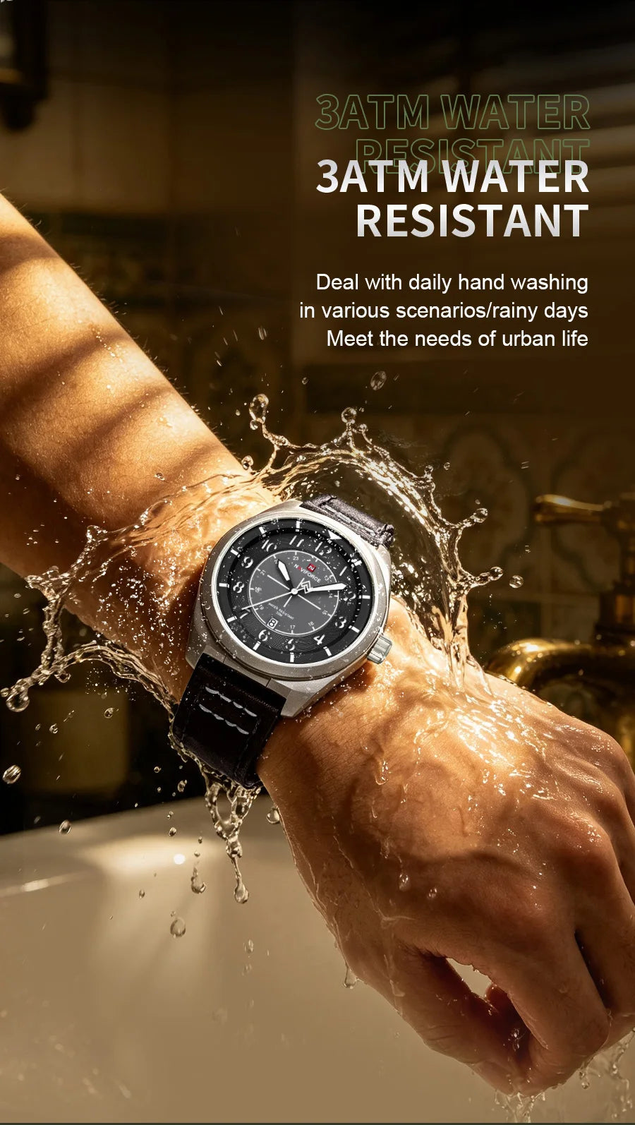 NAVIFORCE Men's Quartz Calendar Watch 3ATM Waterproof Leather Strap Casual Fashion Business Daily Wear Male Wristwatch Gift Box