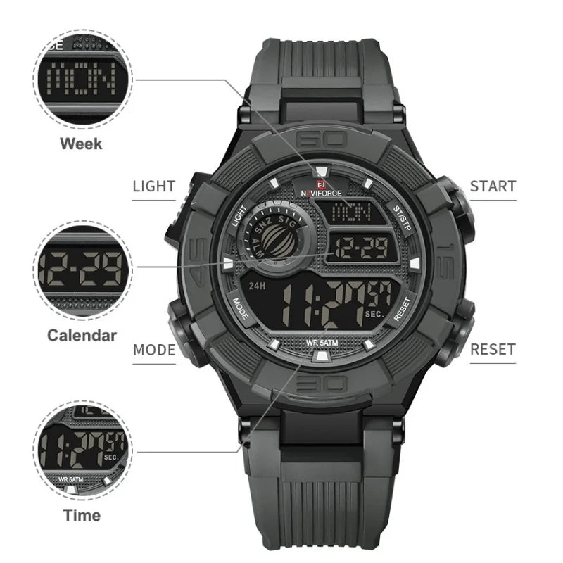 NAVIFORCE Men's Watch LCD Digital 50M Waterproof Multifunction Soft TPU Strap Military Style Teenager Sports Outdoor Wristwatch