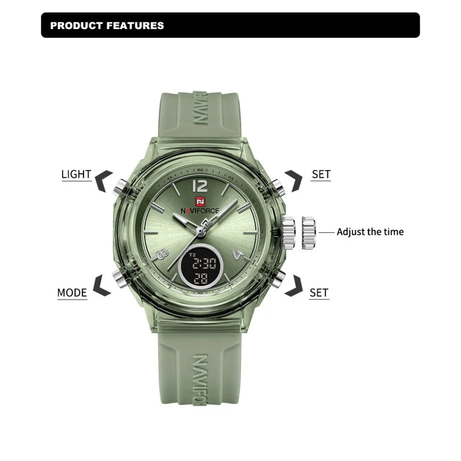 NAVIFORCE Original Watches For Woman Dual Display Lady Retro Female Quartz Watch Waterproof Round Dial Give for Girlfriend Gift