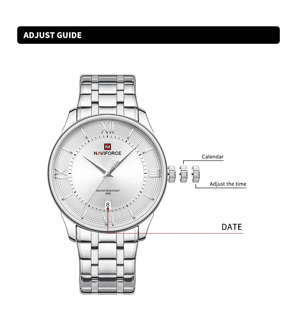 NAVIFORCE Man's Watch Quartz Calendar 30M Waterproof Stainless Steel Male Stylish Daily Luxury Wristwatch Gifts Box Father's Day