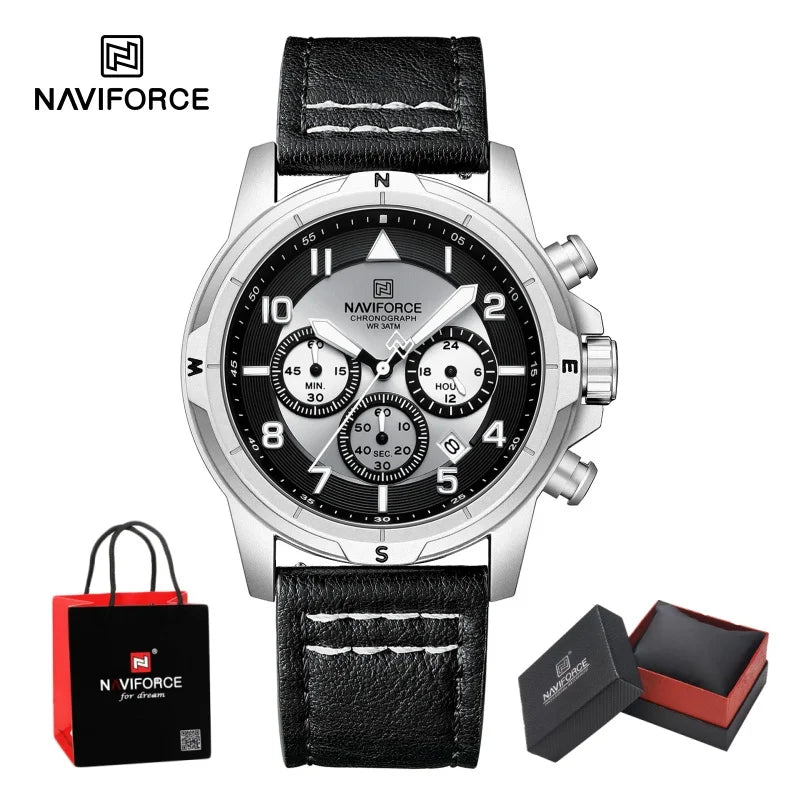 NAVIFORCE Classic Men Quartz Chronograph Watch 3ATM Waterproof Date Display Leather Strap Business Wristwatch Gift Box for Male
