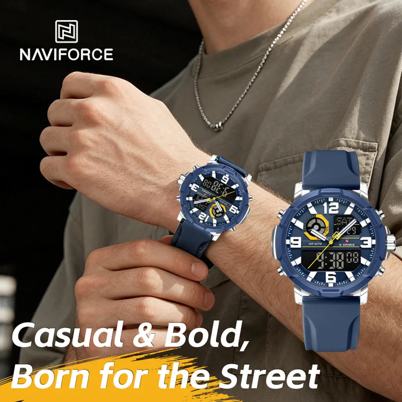 NAVIFORCE Quartz Dual Display Wristwatch for Men 50M Waterproof Silicone Band Multifuntion Clock Male Fashion Daily Sports Watch