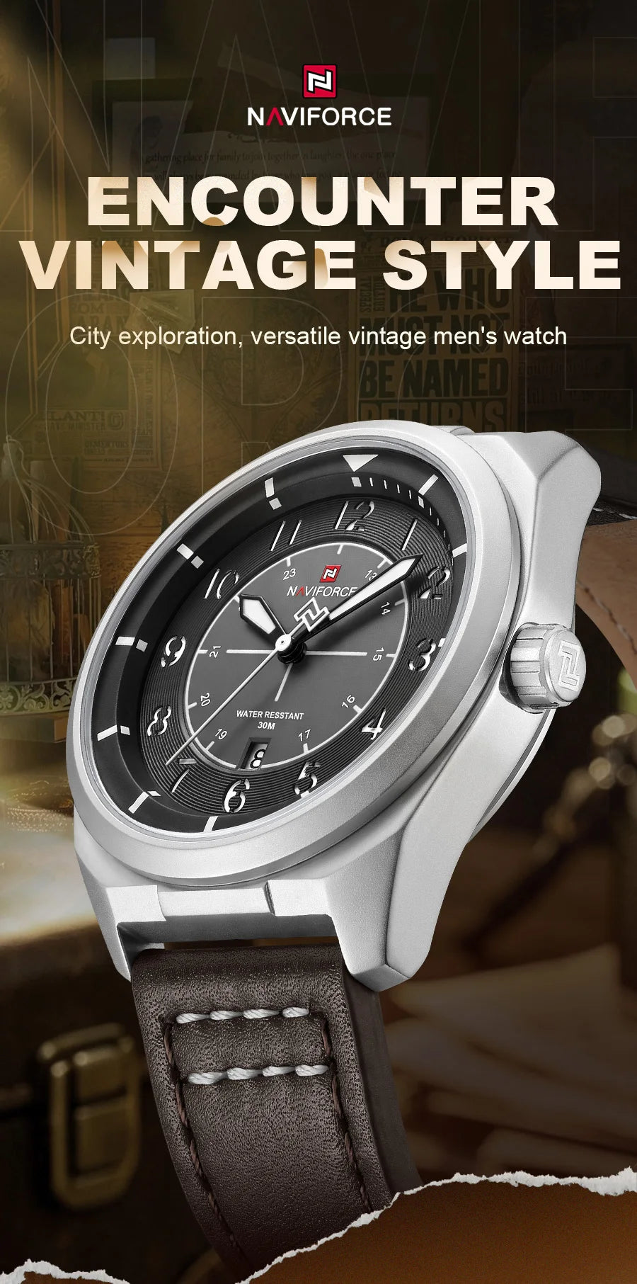 NAVIFORCE Men's Quartz Calendar Watch 3ATM Waterproof Leather Strap Casual Fashion Business Daily Wear Male Wristwatch Gift Box