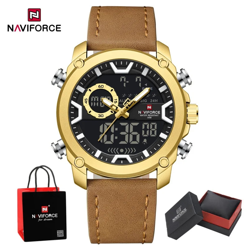 NAVIFORCE Man's Watch Quartz Dual Display Waterproof Leather Strap Alarm Male Simple Fashion Business Casual Wristwatch Gift Box