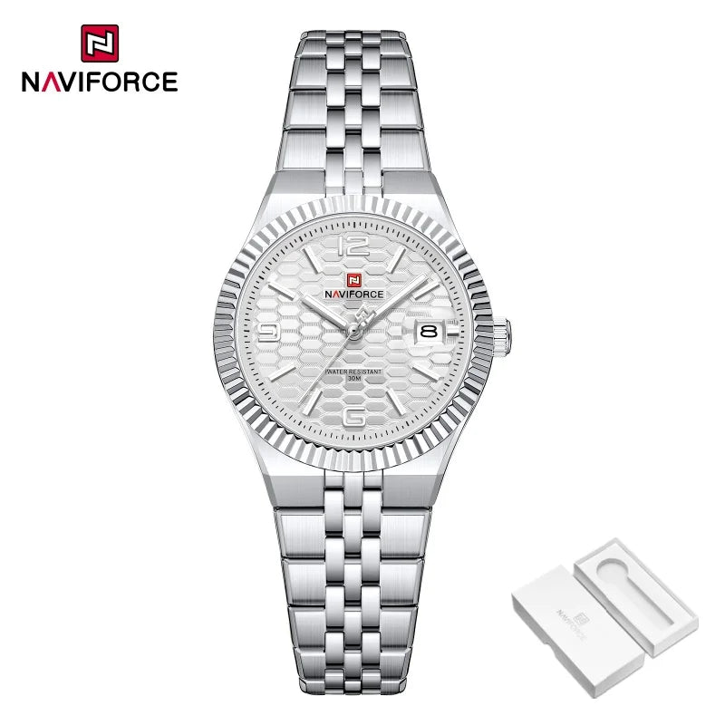 NAVIFORCE New Lover Watches 3ATM Waterproof Quartz Calendar Stainless Steel Fashionable Elegant Daily Wear Wristwatch for Couple