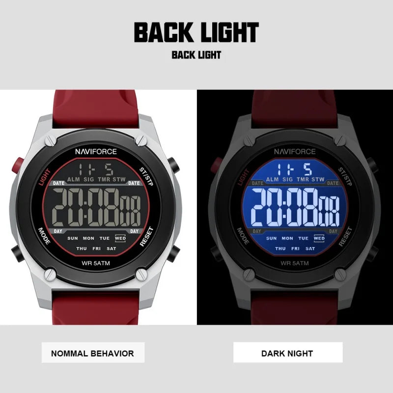 NAVIFORCE Men's LCD Digital Watch 50M Water Resistant Electronic Calendar Fashion Silicone Band Alarm Clock Wristwatch Gifts Box