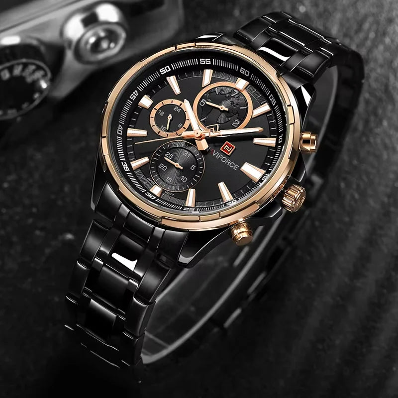 NAVIFORCE Men's Luxury Business Quartz Watch 24-Hour Date Display Man Gift Clock Full Stainless Steel Strap Sports Wristwatches