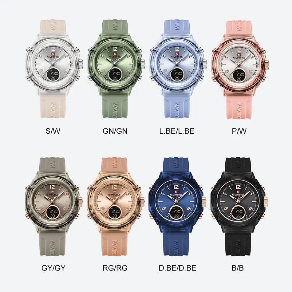 NAVIFORCE Sport Watches Women 50M Waterproof Lady Watch Lover Gifts Dual Time Display Wristwatch Digital LED Back Light Clock