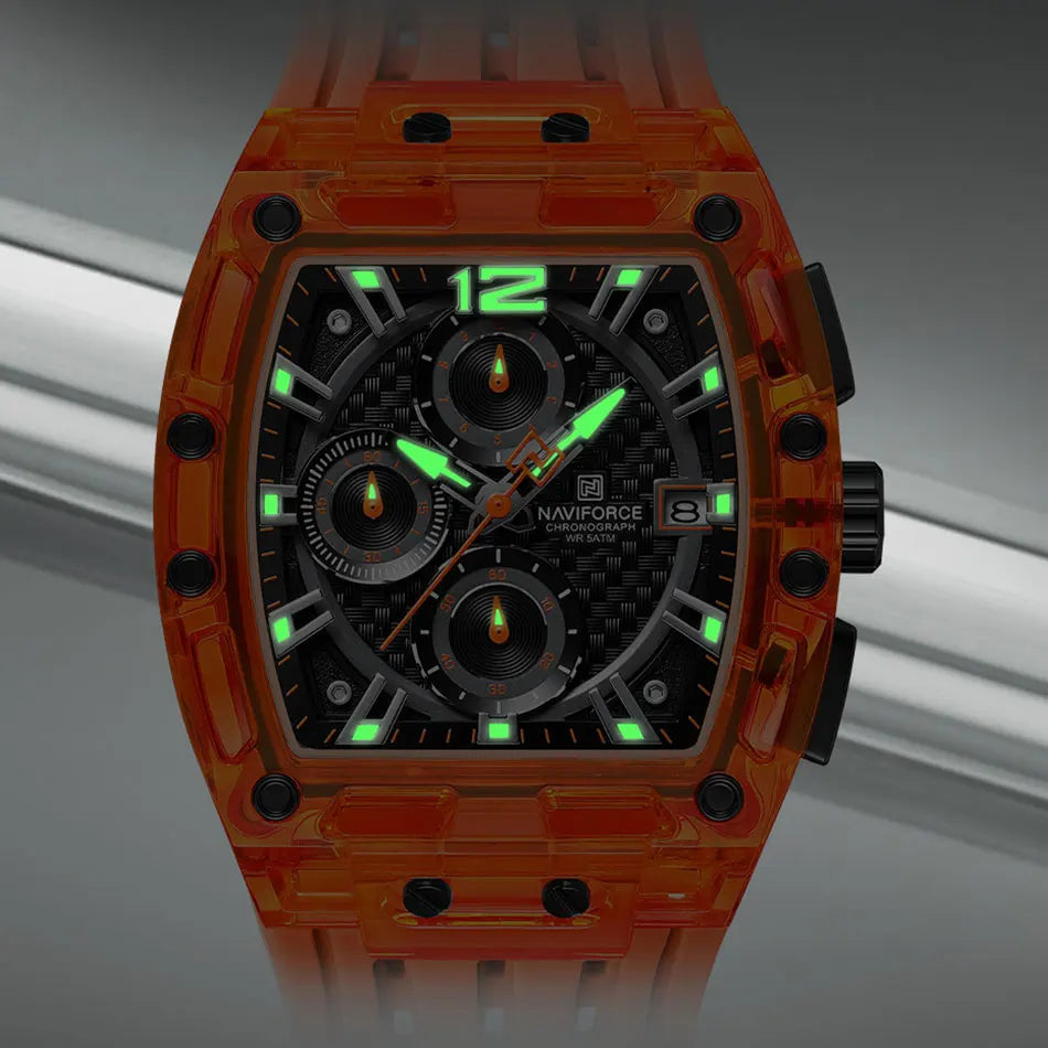 NAVIFORCE Men's Quartz Watch Multifunctional Colorful Chronograph Top Brand Silicone Strap 5ATM Waterproof Tonneau Wristwatches