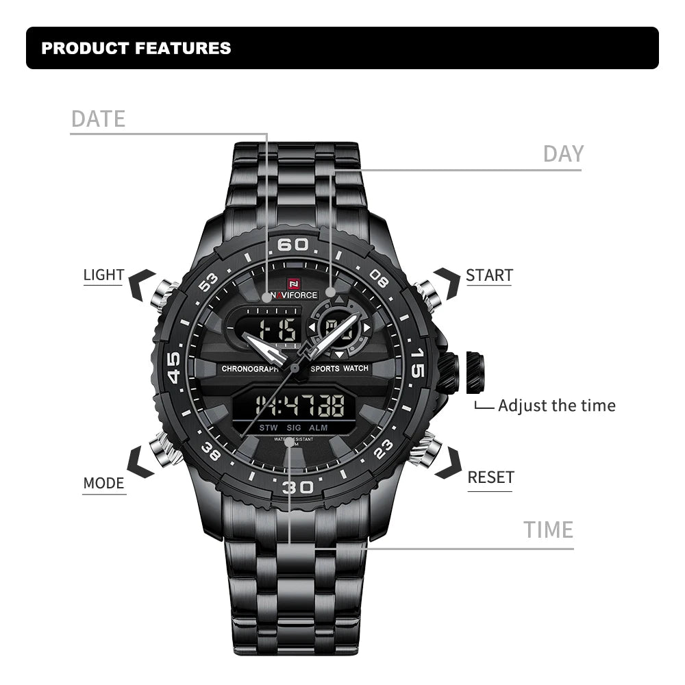 2024 Top Brand NAVIFORCE Men's Watch Quartz Analog LCD Digital Wristwatch Male Stainless Steel Strap Water Resistant Date Clock