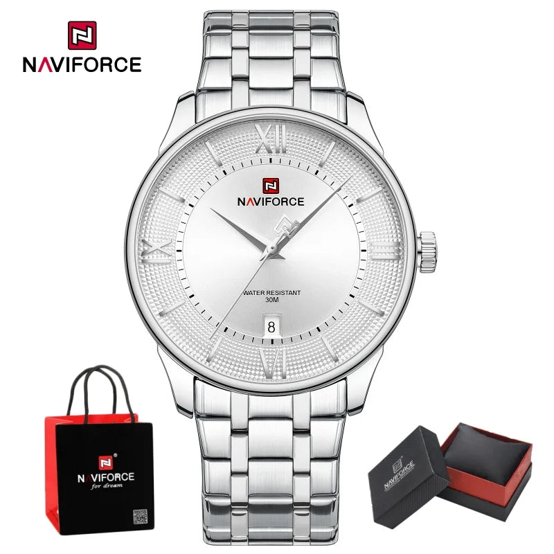 NAVIFORCE Man's Watch Quartz Calendar 30M Waterproof Stainless Steel Male Stylish Daily Luxury Wristwatch Gifts Box Father's Day
