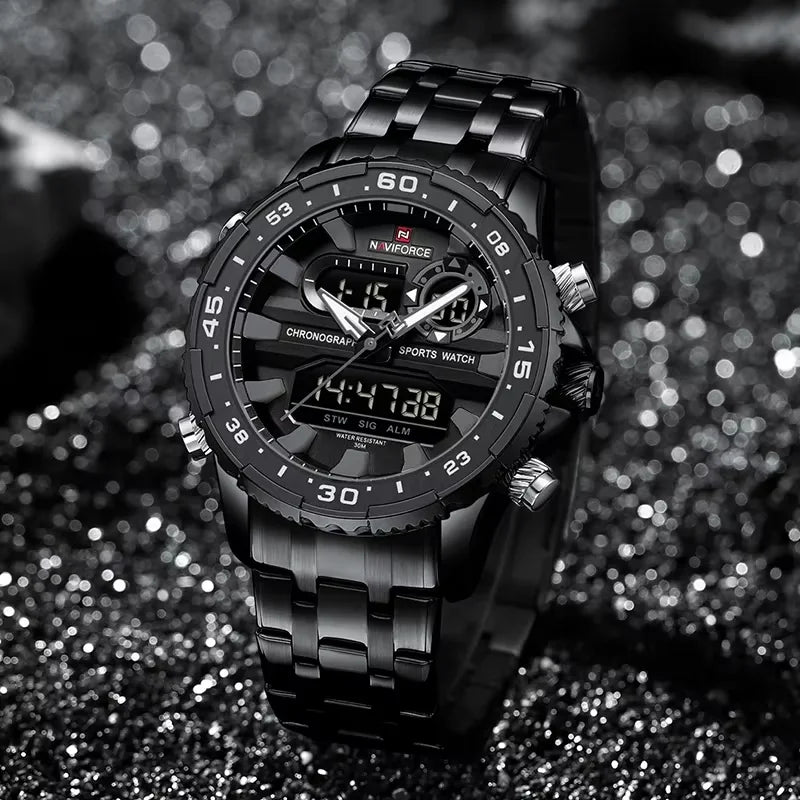 NAVIFORCE Men's Watch Quartz Analog LCD Digital Wristwatch Male Stainless Steel Strap Water Resistant Date Clock Package Gifts