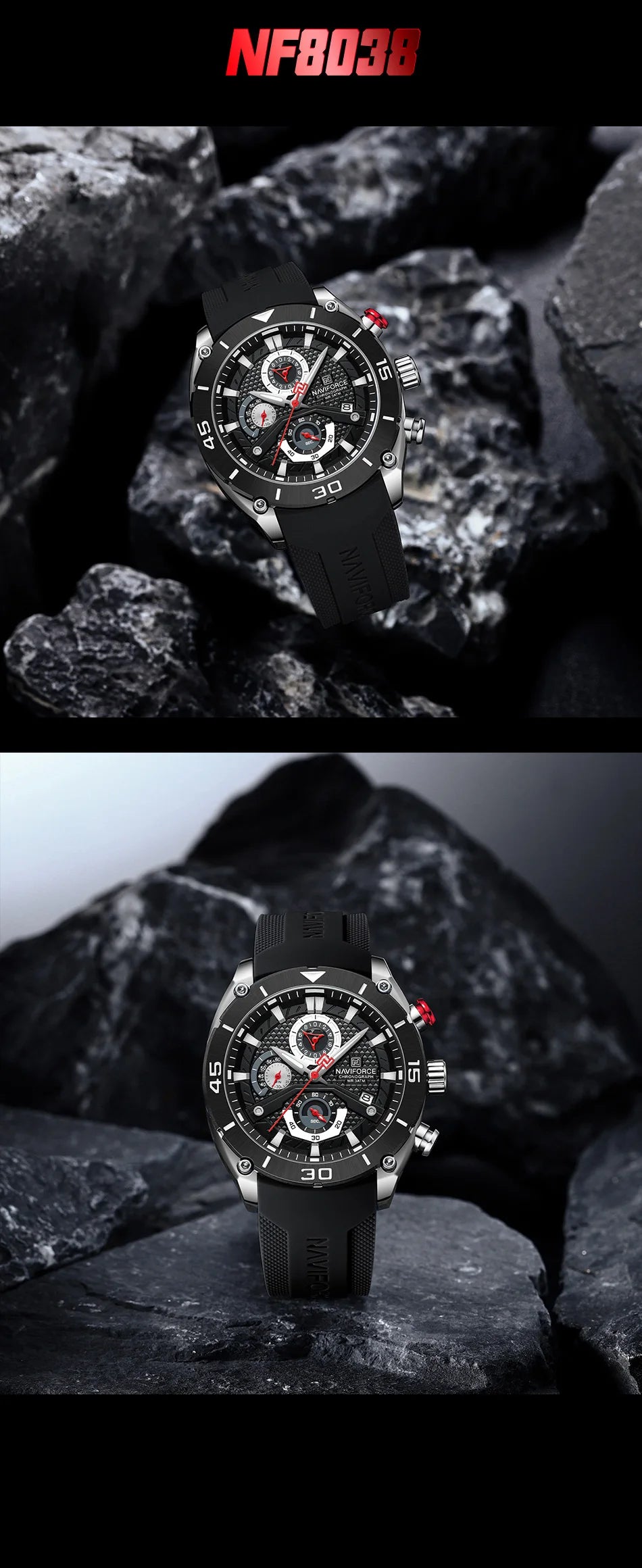 NAVIFORCE Man's Watch Quartz Chronograph 30M Waterproof Luminous Silicone Strap Trendy Sports Simple Wristwatch Gift Box for Men
