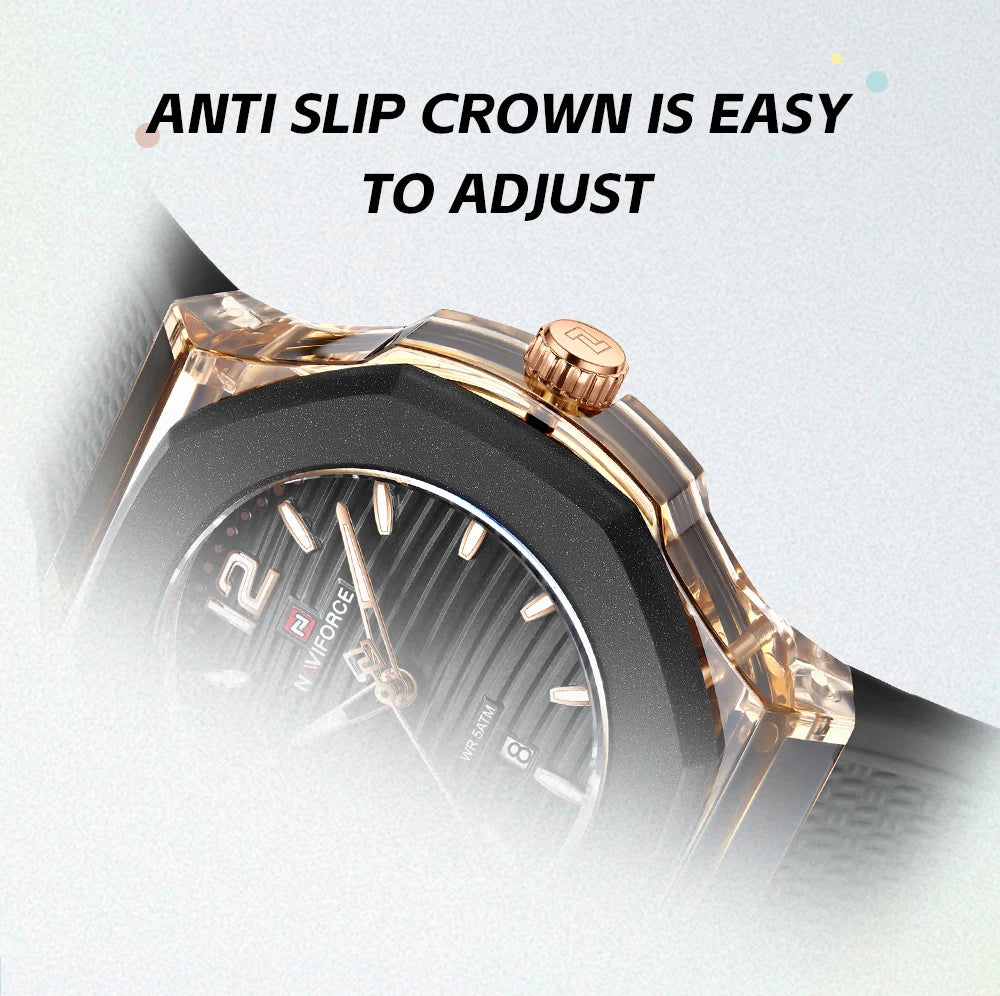 NAVIFORCE Fashion Watch for Women 5ATM Waterproof Silicone Strap Auto Date Display Night Illumination Ladies Elegant Watch Gift