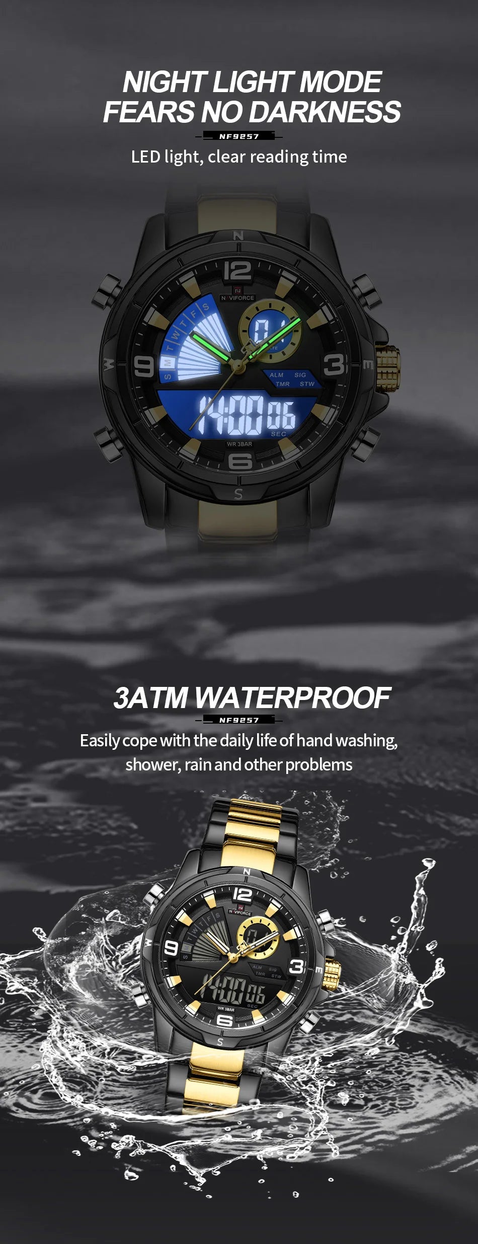 NAVIFORCE Luxury Man's Watch Quartz Chronograph Dual Display 3ATM Waterproof Military Style Sports Wristwatch Gift Box For Men