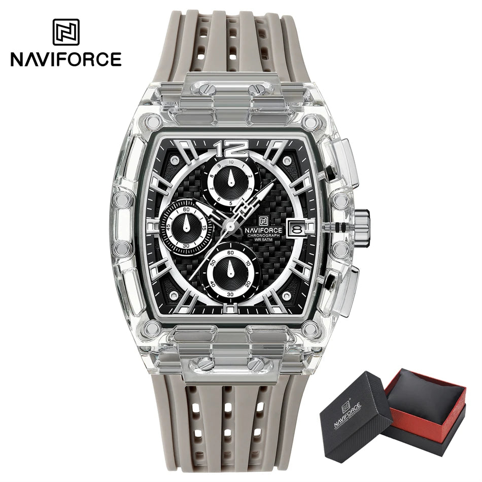 NAVIFORCE Men's Quartz Watch Multifunctional Colorful Chronograph Top Brand Silicone Strap 5ATM Waterproof Tonneau Wristwatches