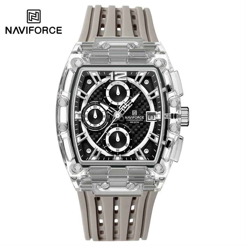 NAVIFORCE Men's Quartz Watch Multifunctional Colorful Chronograph Top Brand Silicone Strap 5ATM Waterproof Tonneau Wristwatches