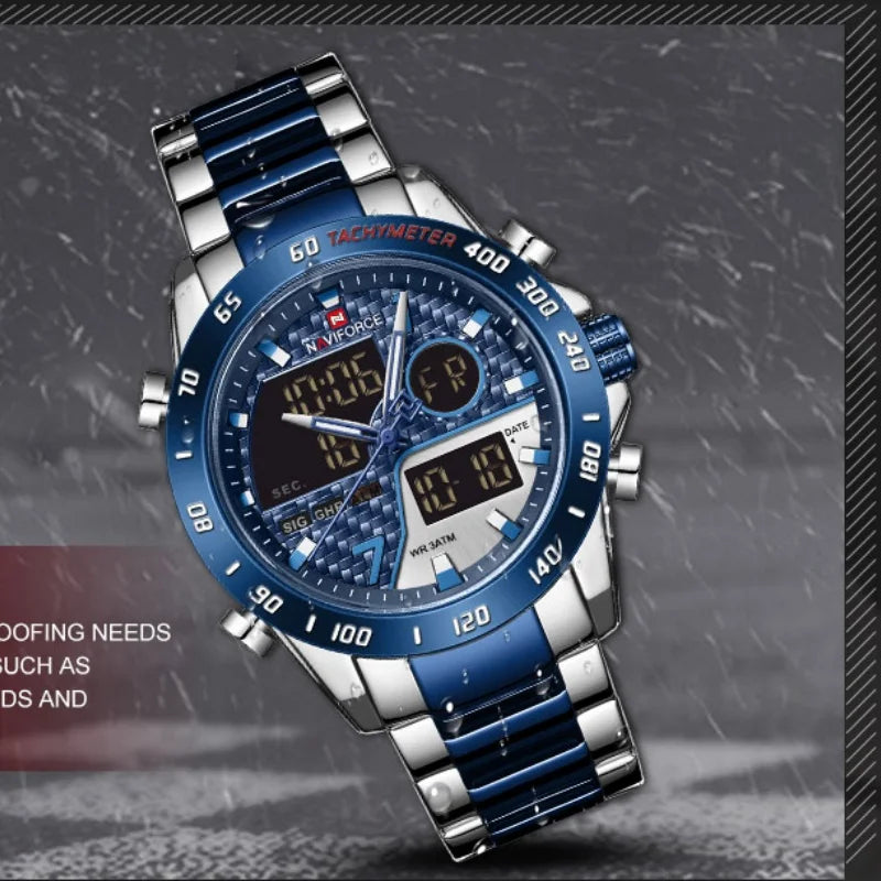 NAVIFORCE Male Quartz Dual Display Clocks Waterproof Luminous Stainless Steel Strap Watches Men Mature Style Wristwatch Gift Box