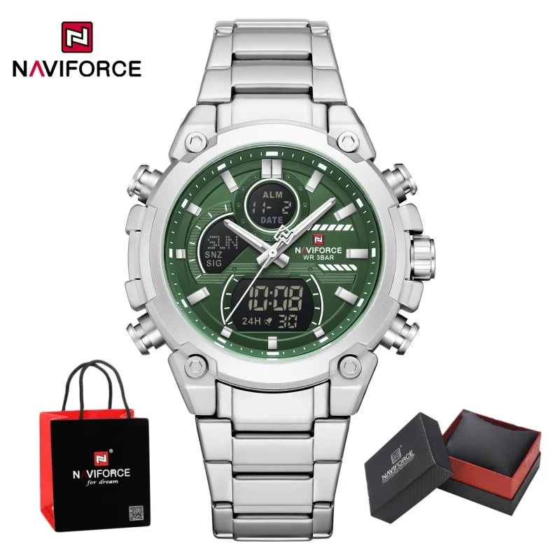 NAVIFORCE Men's Watch Luxury Quartz LCD Digital Sports Military Style Dual Display Chronograph Alarm Clock Wristwatch Gifts Box