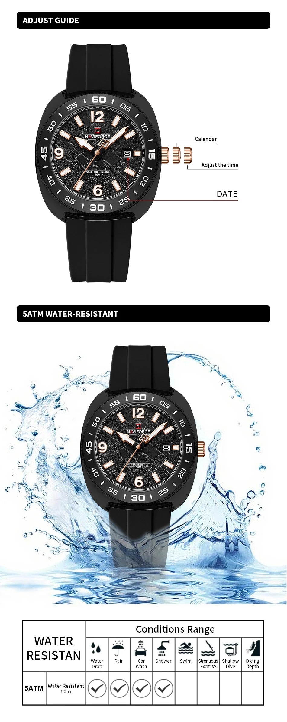 NAVIFROCE Classic Men's Watches Luminous Points Sports 50M Waterproof Watch Calendar Quartz Clock Men's Gift Relogio Masculino