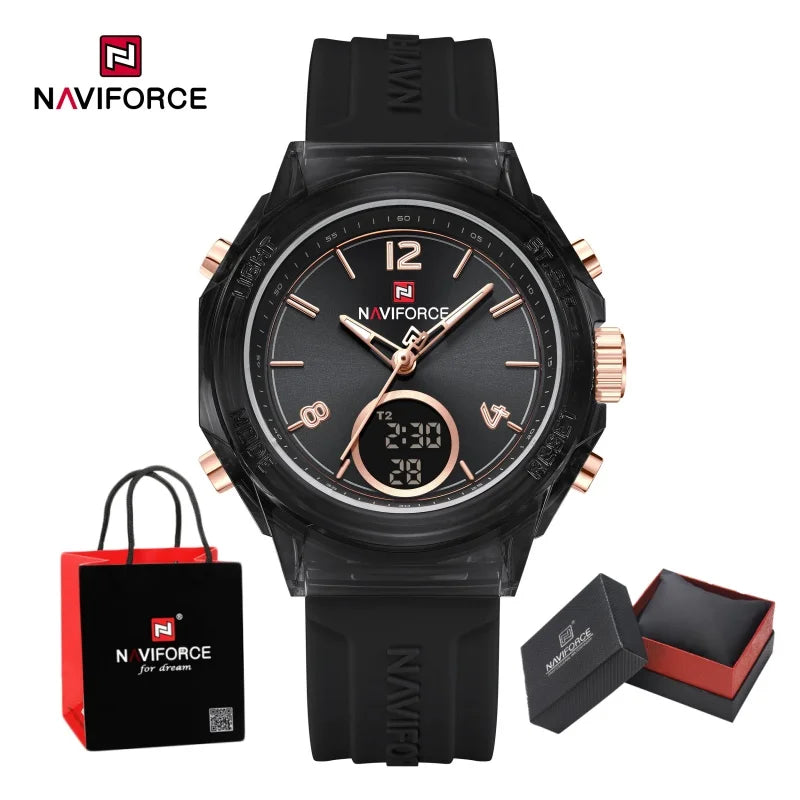 NAVIFORCE Quartz Wristwatches Dual Time Display Top Brand Women's Watch Outdoor Sports Waterproof Watches Rubber Package Gifts
