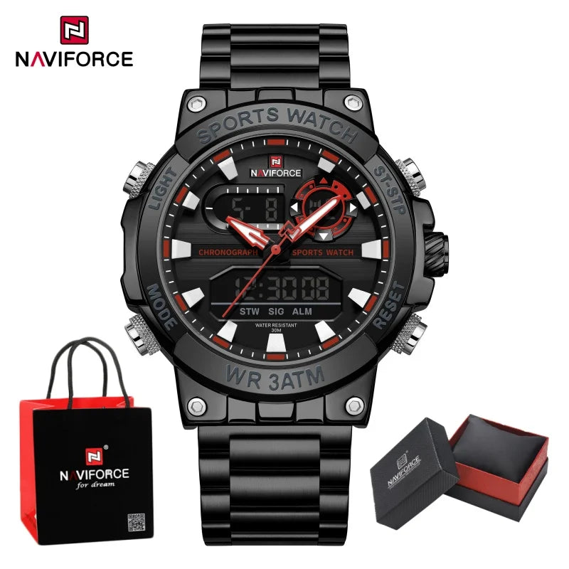 NAVIFORCE Men Watch Stopwatch Dual Time Display Men's Watch Fashion Sport Watch Stainless Steel Strap Waterproof  Package Gifts