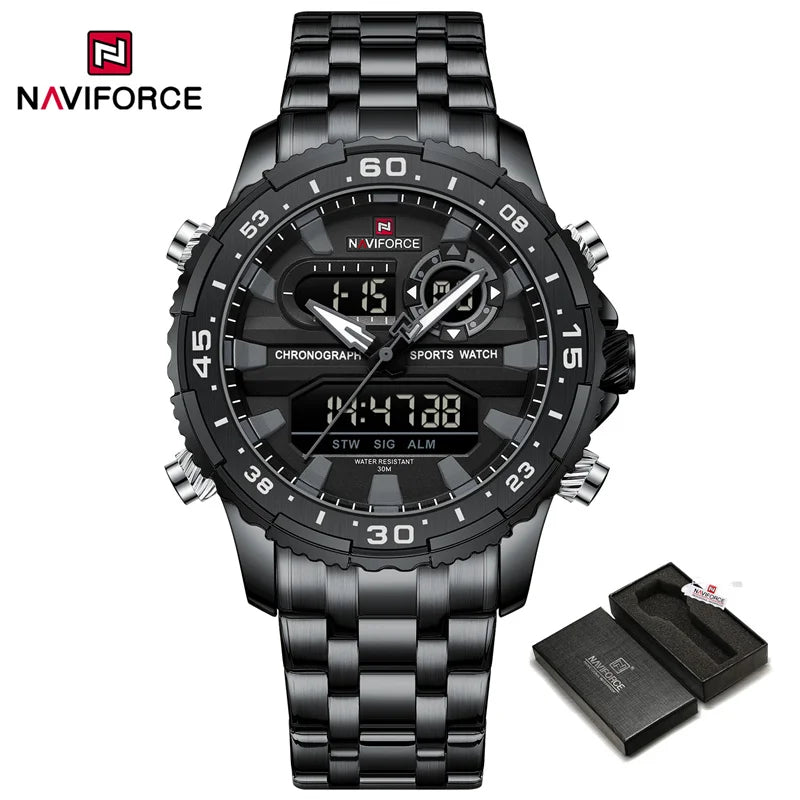 NAVIFORCE Men's Sports Alarm Watch Waterproof Chronograph Quartz Movement Steel Band Digital Date Week Display Wristwatches Gift