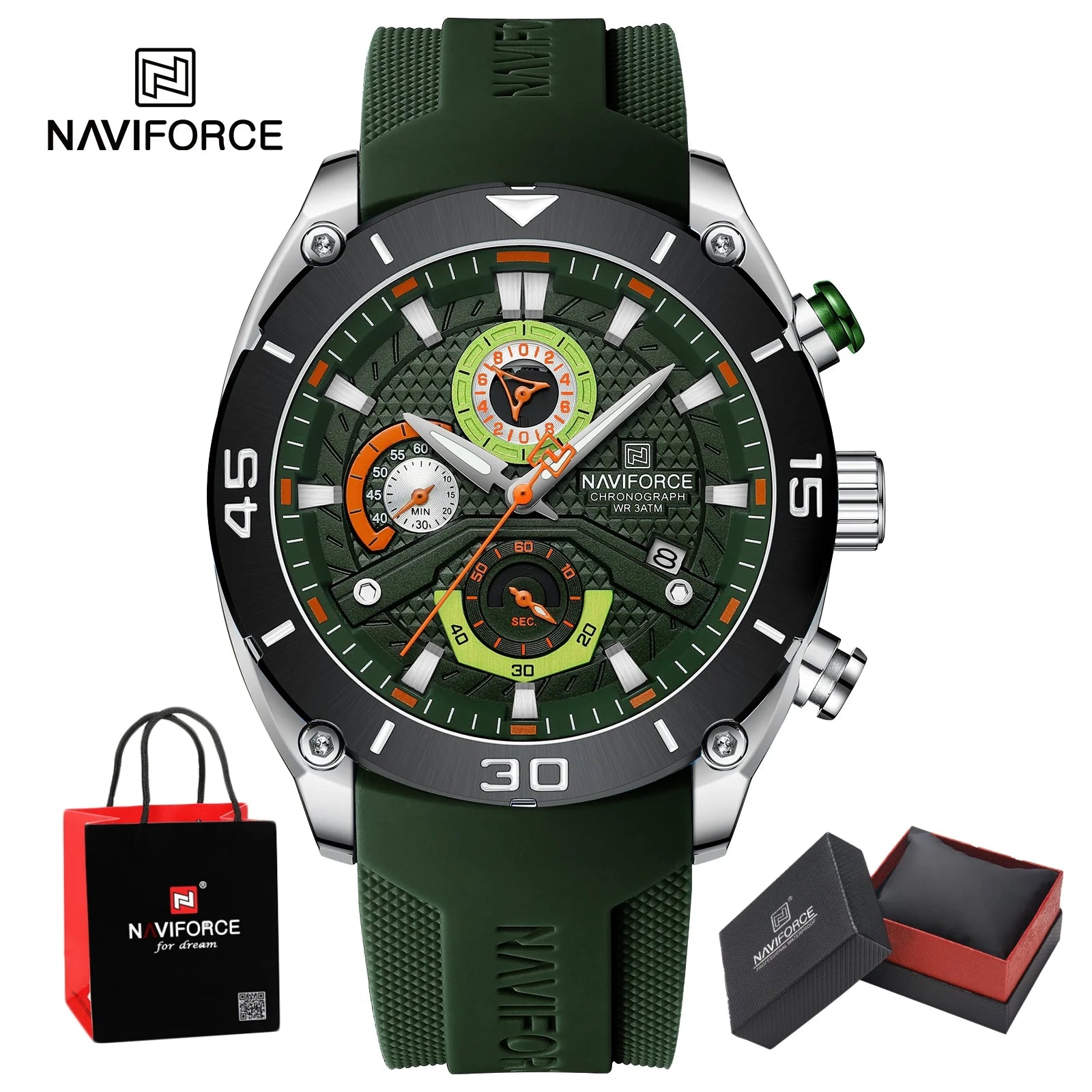 NAVIFORCE Man's Watch Quartz Chronograph 30M Waterproof Luminous Silicone Strap Trendy Sports Simple Wristwatch Gift Box for Men